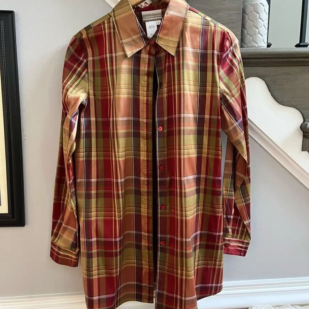 Coldwaterย Creek Fall Plaid Silk Tunic Button Down Shirt sz SโEUC
